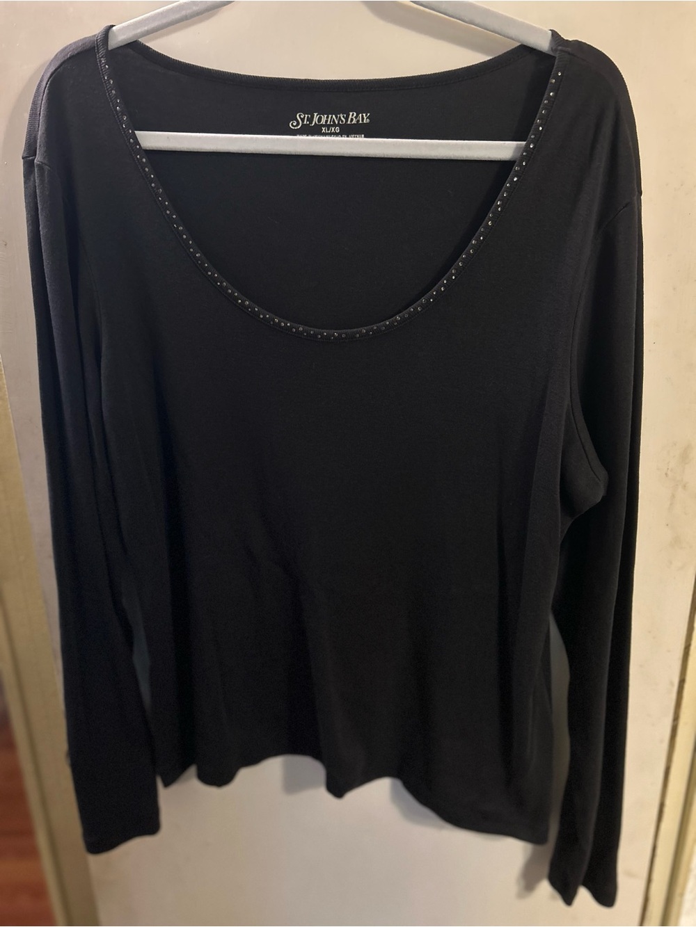 St. John's Bay Black Long Sleeve Scoop Neck Top with Stud Trim